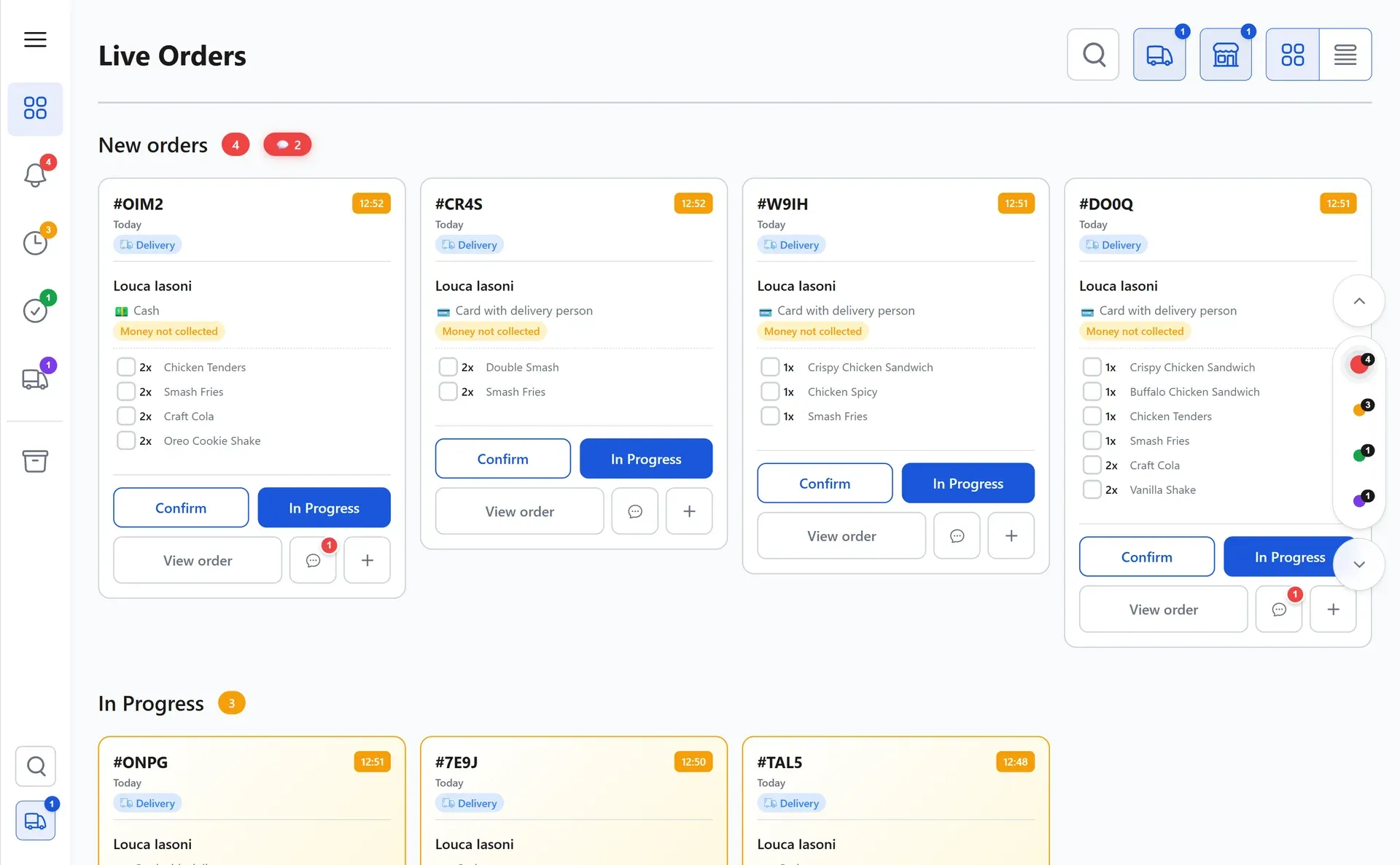 Xprio: live orders screen with new and in-progress orders