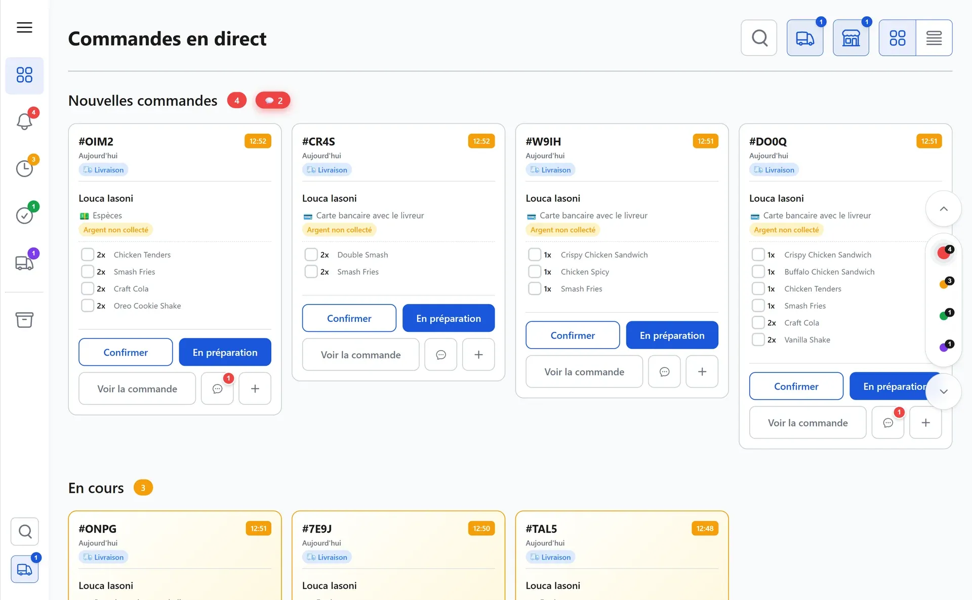 Xprio : écran des commandes en direct, nouvelles commandes et commandes en cours